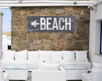 Boho Beach Sign, Charcoal Navy Directional Arrow Wall Art, Long Coastal Bedroom Print