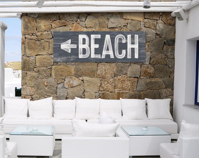 Boho Beach Sign, Charcoal Navy Directional Arrow Wall Art, Long Coastal Bedroom Print