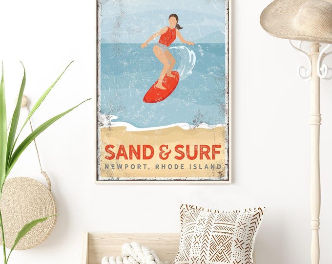 vintage BEACH poster, retro woman surfing sign, sand and surf, custom text, personalized beach house canvas, Newport Rhode Island sign {vpb}