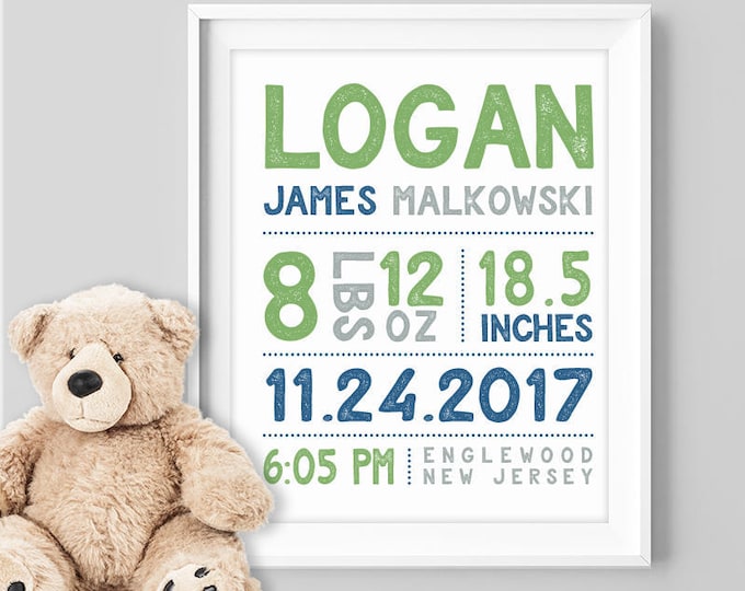 birth stats sign / personalized nursery poster / custom wall art print / GREEN NAVY GRAY nursery boy ▷ Paper, Canvas {or} Printable