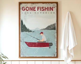 Lake House Gone Fishin' Sign, Maroon Boat Art (Customizable Text)
