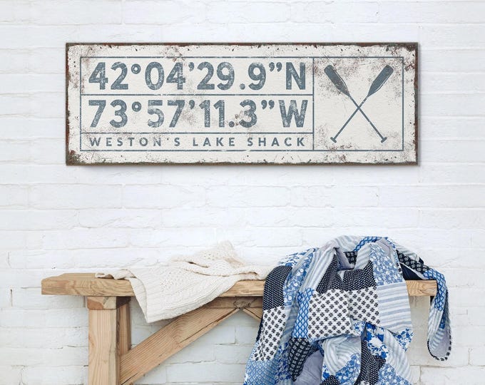 Canoe Paddles Coordinates Sign With Your Lake Name In Blue Gray On White