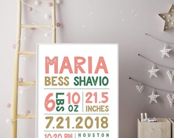 Birth Stats Sign: Tropical Colors, Custom Name - Pink Gold & Green