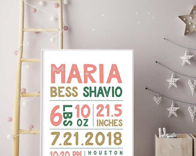 Birth Stats Sign: Tropical Colors, Custom Name - Pink Gold & Green