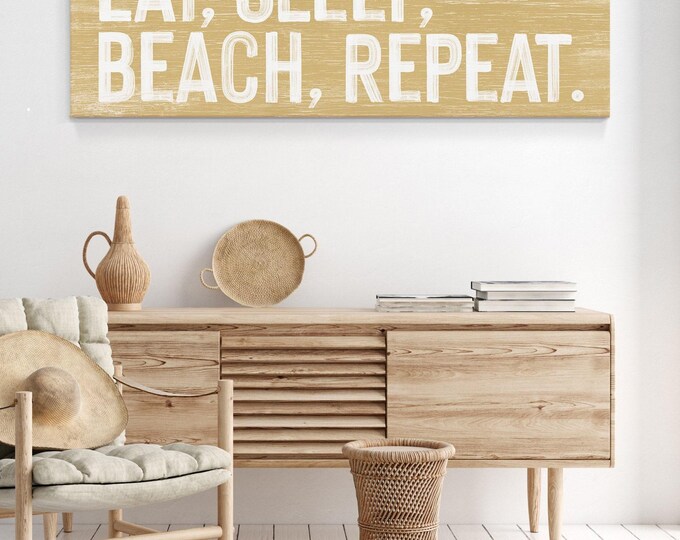 Eat Sleep Beach Repeat Sign - Vintage Coastal Wall Decor, Canvas