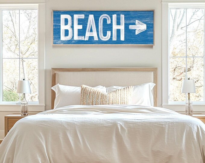 Directional Arrow Sign: Vintage Blue Beach Style (Canvas or Print)