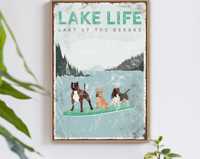 Dog Paddleboard Art, Custom Lakehouse Sign, Green Lake Gift, Pet Lover Decor
