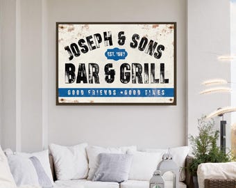 Custom Bar and Grill Sign, Personalized Aluminum Sign for Backyard Patio, Gift for Man Cave, Large Metal Family Name Bar Sign {hpa}
