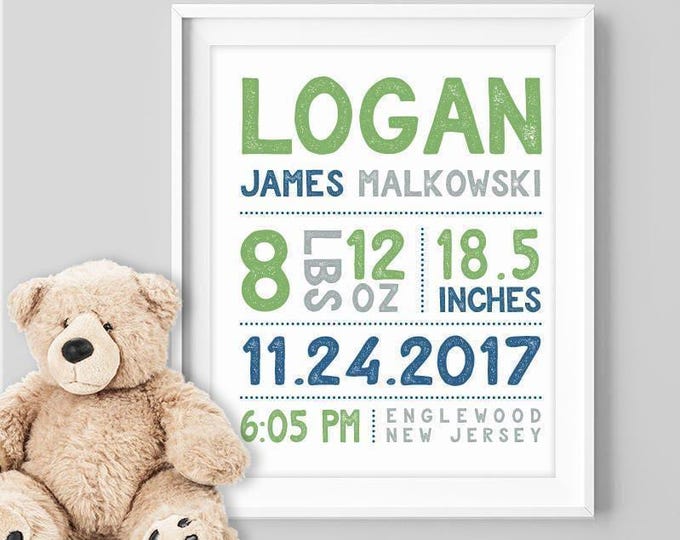 Birth Stats Decor Sign, Green Navy Nursery Art With Custom Baby Name And Date