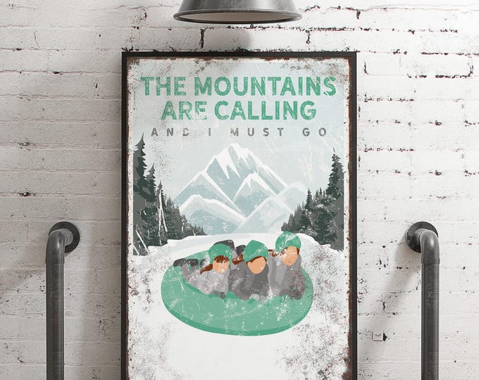 Family Snow Tubing Poster, The Mountains Are Calling and I Must Go Sign, Framed Ski Lodge Decor, Custom Ski Mountain Art, Mint Green, VPH