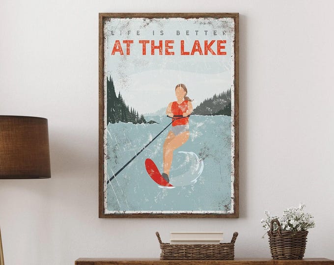 Slalom Water Skier's Ski Print, Personalized Lake Life Wall Art, Red Vintage Lake House Sign