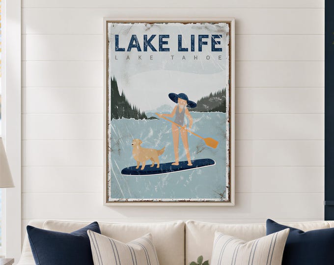 Lake House Paddleboard Poster, Dog and Woman (Custom Text & Breed)