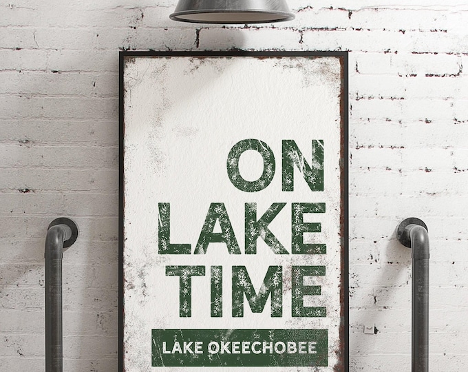 On Lake Time Wall Sign: Vintage Style, Green Canvas - Framed Option