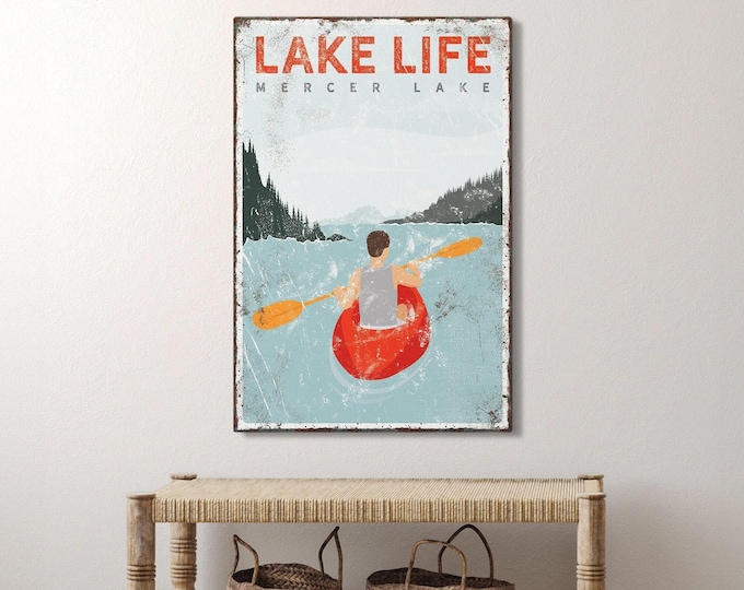 Kayak Lake Sign, Pale Blue And Red Scene, Personalized With Your Lake Name For The Wall