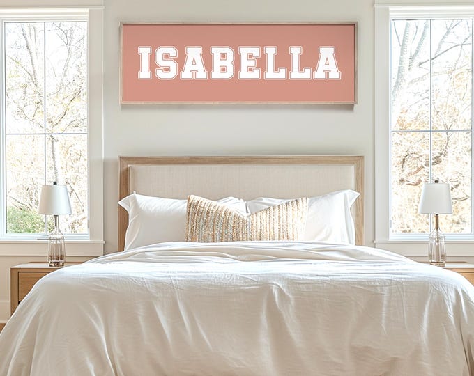 Coral pink name sign with white lettering, custom varsity room art