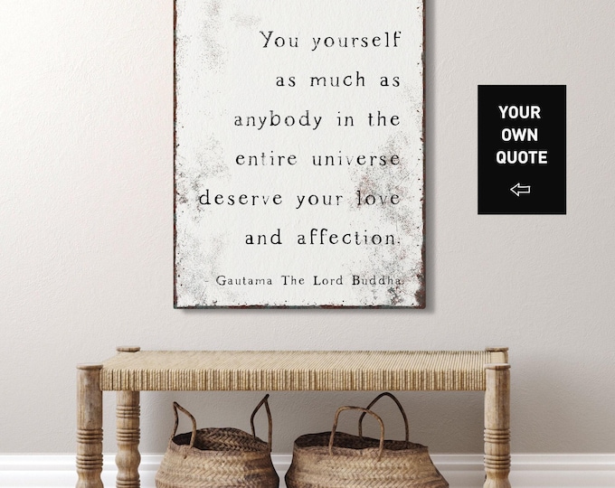 Buddah quote sign for above bed • Custom text on distressed white canvas • Personalized with your own wording • Farmhouse wall art {vqw}