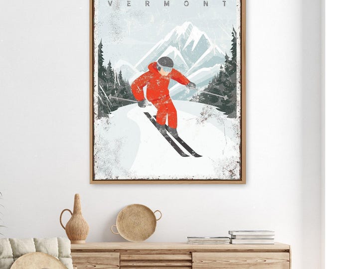 Stratton Ski Sign, Burnt Orange Skier Wall Art, Personalized Vermont Resort Decor