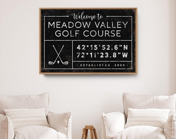 Rustic Family Name Sign: Custom Coordinates, Golf Wall Art