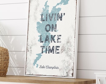 Lake House Wall Sign: Rustic Dusty Blue - Personalized Canvas Art