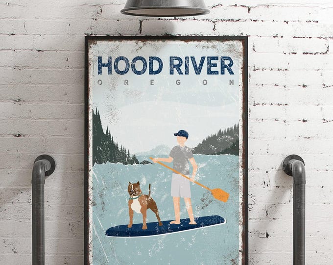 custom lake house decor sign • vintage nautical river wall art • SUP man on paddleboard with Pitbull dog poster • navy Hood River art {vpl}
