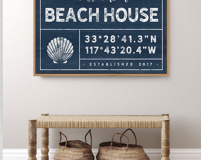 Beach House Sign, Personalized Last Name Coordinates, Navy Coastal Wall Art