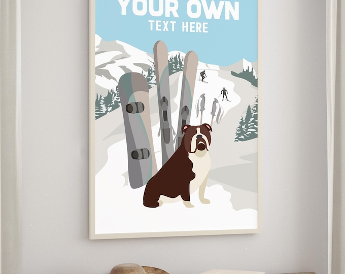 Ski Dog Wall Art: Vintage Bulldog Print (Custom Text Available)