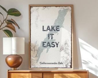 large lake house sign > aged dusty blue gray art print for living room, custom "lake it easy" poster,  personalized lakehouse decor {lsw}