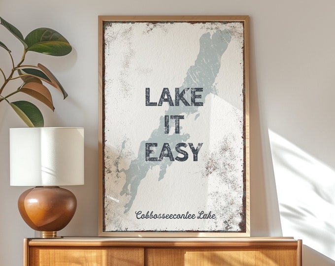 large lake house sign > aged dusty blue gray art print for living room, custom "lake it easy" poster,  personalized lakehouse decor {lsw}