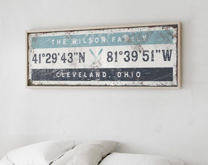 Custom Coordinates Sign - Vintage Boat Oars, Gray Blue Lake House Art