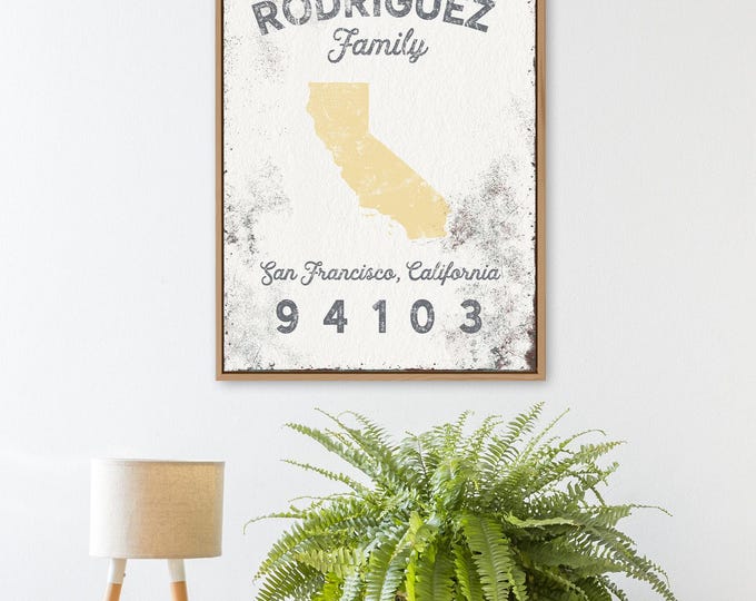 custom LAST NAME sign > rustic farmhouse decor, personalized state print with zip code and family name (San Francisco, California)