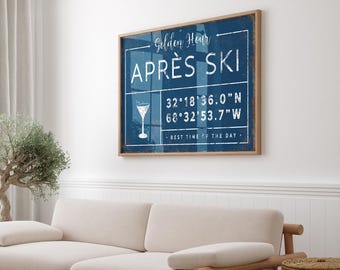 Navy Blue Martini Glass Sign, Apres Ski Coordinates Wall Art with Custom Last Name