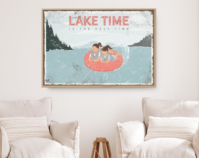 LAKE TIME is the best time poster for lake house decor, personalized family tubing poster, coral pink lake decor, kids tubing on lake {vpl}