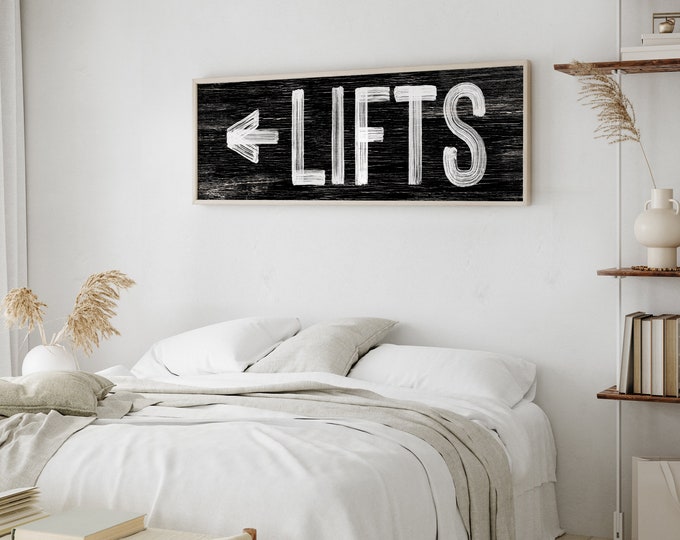 long horizontal ski LIFTS sign in black and white, retro ski lodge sign, mountain chalet decor, faux weathered farmhouse wood sign {pwo}