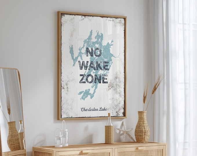 NO WAKE ZONE sign, vintage Charleston Lake wall art for lake house decor, personalized tide blue and white lake shape on canvas print {lsw}