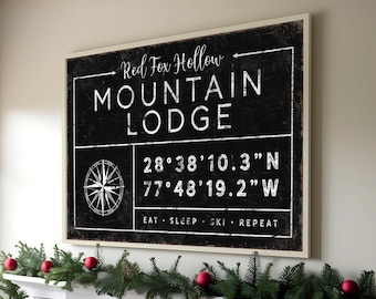 Ski Lodge Wall Sign, Rustic Vintage Style (Custom Family Name & Coordinates)