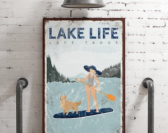 Paddle Lake Sign, Navy Paddleboard Woman and Golden Retriever, Custom Lake Name Art