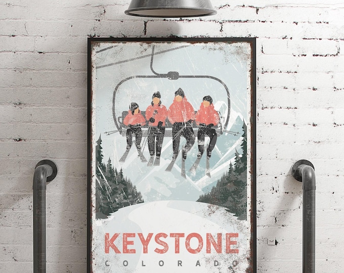 Personalized Ski Lift Poster: Retro Coral Pink, Four Person Art