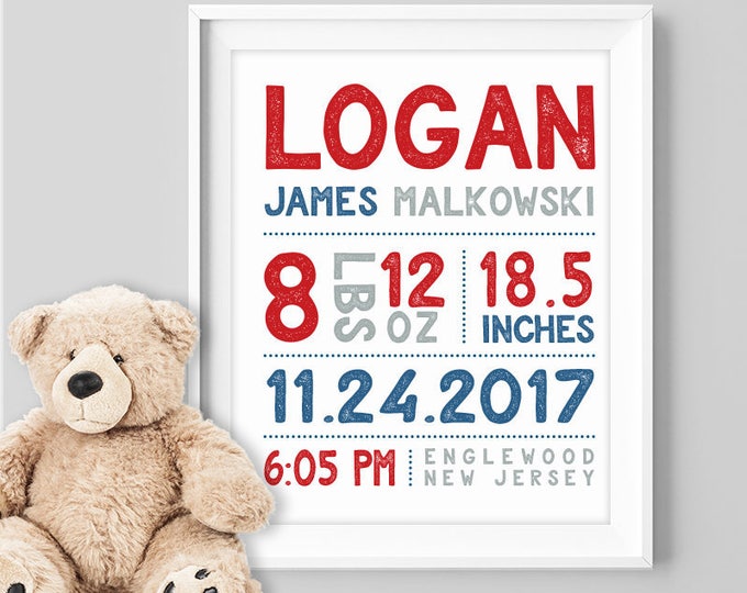 birth stats sign / personalized nursery poster / custom wall art print / RED NAVY GRAY nursery boy ▷Printed on Paper, Canvas {or} Printable