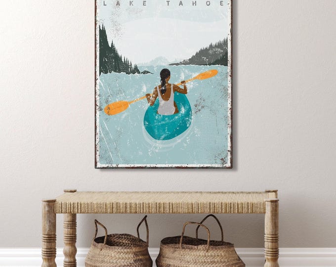 Kayak Lake Sign, Teal Orange Kayak Art, Custom Lake Name Wall Decor