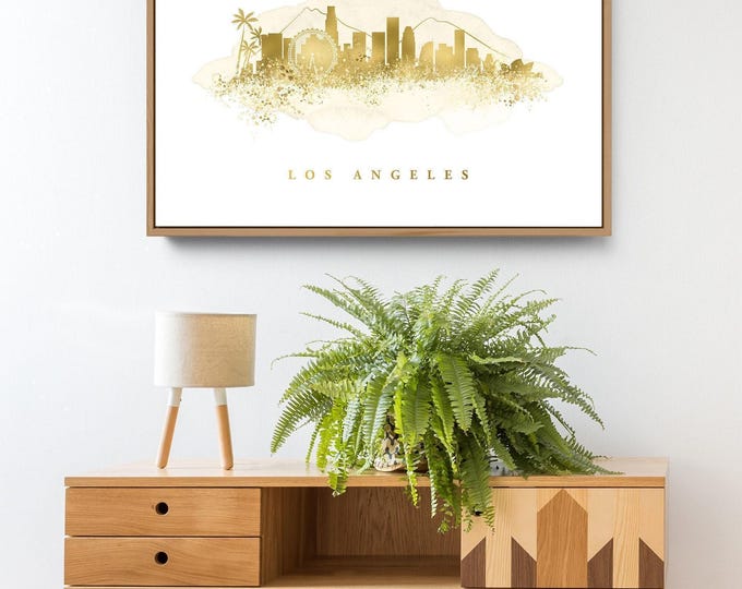 Los Angeles Skyline Wall Art - Custom Metallic Gold and Cream Canvas