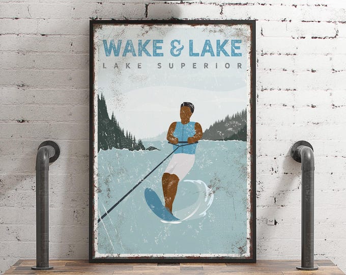 Lake Water Skiing Sign, Wake And Lake Custom Lake Name Wall Art, Vintage Cabin Print