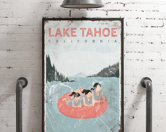 Tubing On Lake, Pale Blue And Coral Scene, Personalized With Your Lake Name For The Wall