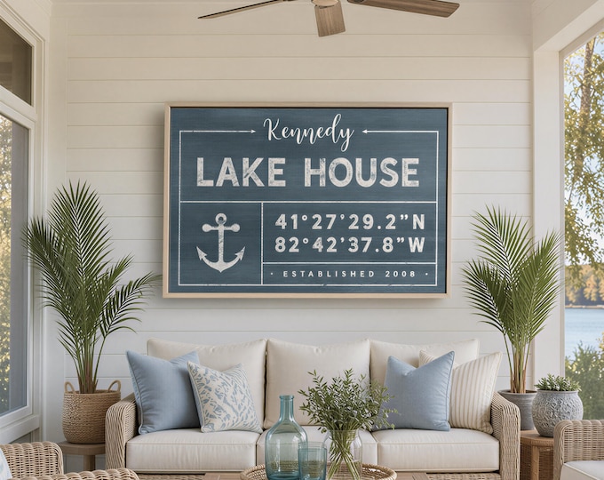 Lake House Decor Sign: Personalized Name and Coordinates (Canvas or Aluminum)