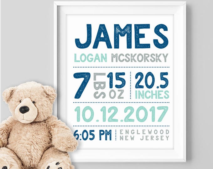 birth stats sign / personalized nursery poster / custom wall art print / NAVY MINT nursery boy ▷Printed on Paper, Canvas {or} Printable