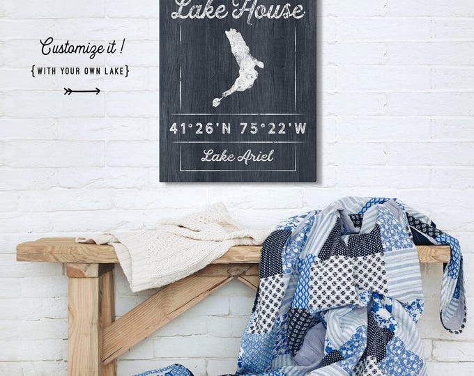 Custom Lake Sign With Your Own Coordinates, White Map Outline On Navy