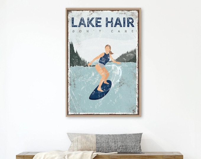 Wake Surf Wall Art: Navy Blue Lake Hair Don't Care Poster (Canvas, Paper, Aluminum)