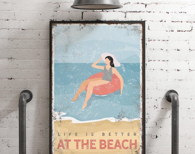 life is better AT THE BEACH poster, retro woman floating on a tube sign, can be personalized, vintage beach house decor and wall art {vpb}