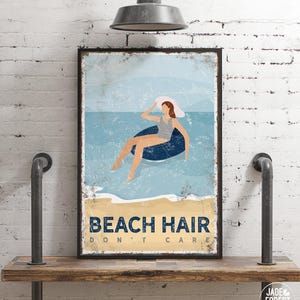 Beach Hair Wall Art: Custom Ocean Tubing Girl - Navy Blue Theme