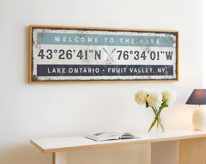 Welcome Sign Lake, Teal And Navy Coordinates Sign, Custom Text For Your Lake House