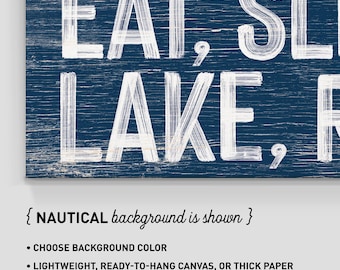 Eat Sleep Lake Repeat Sign: Navy Blue Wall Decor (Canvas or Aluminum)